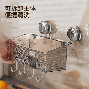 Bathroom Storage Rack Suction Mounted Plastic Wall <b>Shelf</b> With <b>Hooks</b> For Toiletries And Towels - Product Image 4