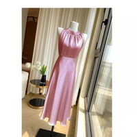 Robe midi en satin rose poudré ultra-brillant, col halter, col plissé, sans manches, taille haute, jupe évasée, pour femme, OEM, sur mesure, en gros