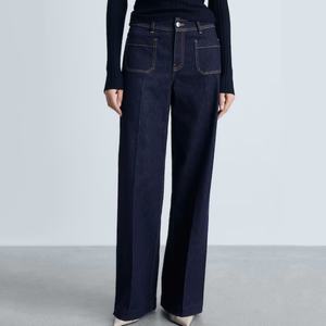 Nuevos Pantalones Vaqueros Anchos de Moda Casual con Bolsillos Decorativos, Pantalones Rectos Casuales Simples para Mujer en Color Azul Marino - Product Image 1