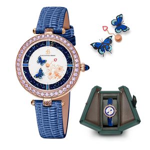 Nouvelle montre à quartz 2026 avec cadran <span class=keywords><strong>ciel</strong></span> étoilé 3D papillon, incrustation de cristaux, boîtier or rose, bracelet en cuir <span class=keywords><strong>bleu</strong></span> - Product Image 1