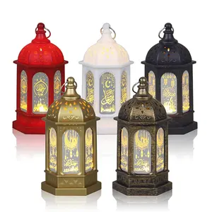 Vintage Decorative Mini Hanging Plastic Battery Operated White Gold Arabic Ramadan Lanterns With Flickering LED Candle