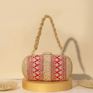 Stunning red and <b>gold</b> embroidered <b>clutch</b> with beaded handle for wedding events available at wholesale prices. - Product Image 1