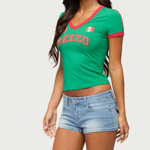 Top Corto de Verano 2026 para Mujer, Manga Corta, Estampado de Bandera Mexicana, Corte Ajustado, Versátil, Estilo Jersey - Product Image 3