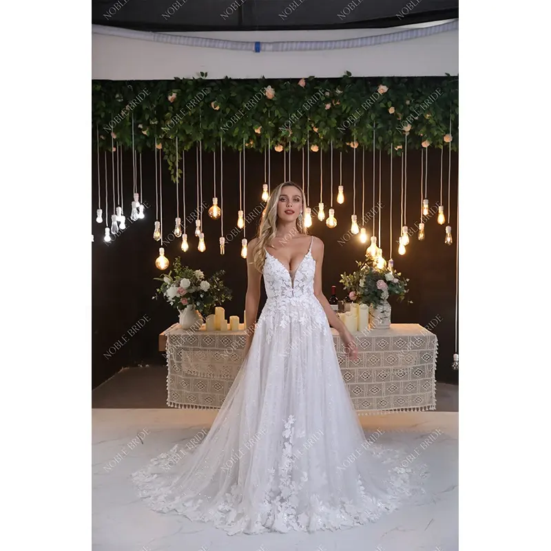 Boho Nude Plunging V Sparkly Sequin Lace Wedding Dress A Line Gorgeous Beading Spaghetti Strap Bridal Real Gown Vestido De Novia