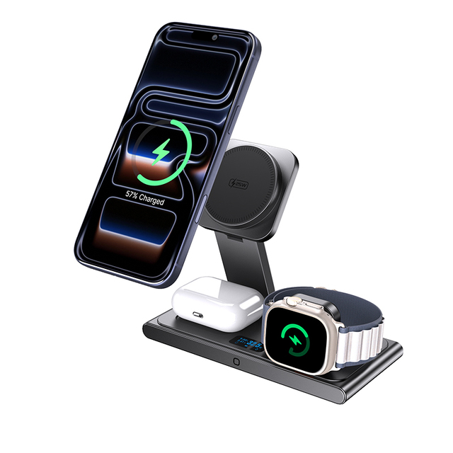 Wholesales 25W Travel Desktop Foldable 3-in-1 Magnetic Wireless Charger Wireless Charging Station with LED Display