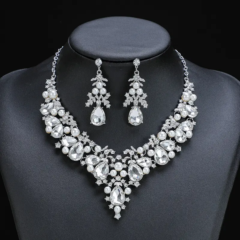 Mode Sieraden Ketting Oorbellen Set Nieuwe Mode Bladvorm Strass Kristal Parel Ketting Zirkonia Sieraden Set Voor Vrouwen