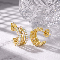 Boucles d'oreilles clous RINNTIN SMOE40 en argent sterling 925 plaqué or 14 carats, double couche, en forme de C, avec moissanite couleur D VVS pour femme