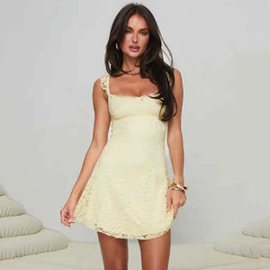 ชุดเดรสลูกไม้สไตล์ฝรั่งเศสคอเหลี่ยมสำหรับผู้หญิงสีเหลืองอ่อนหรูหราทรงเข้ารูปชุดเดรสปาร์ตี้น้ำชาฤดูร้อน - Product Image 5