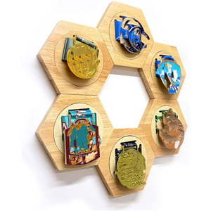 Wooden Hexagonal <b>Wall</b> Mounted Medal Rack For Bedroom And Living Room Storage <b>Display</b> Shelf Geometric Design - Product Image 1