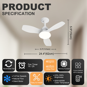 24.4" White <b>Ceiling</b> Fan with <b>Light</b> Dimmable LED APP & <b>Remote</b> <b>Control</b>, Flush Mount for Bedroom Living Room Covered Patio - Product Image 4