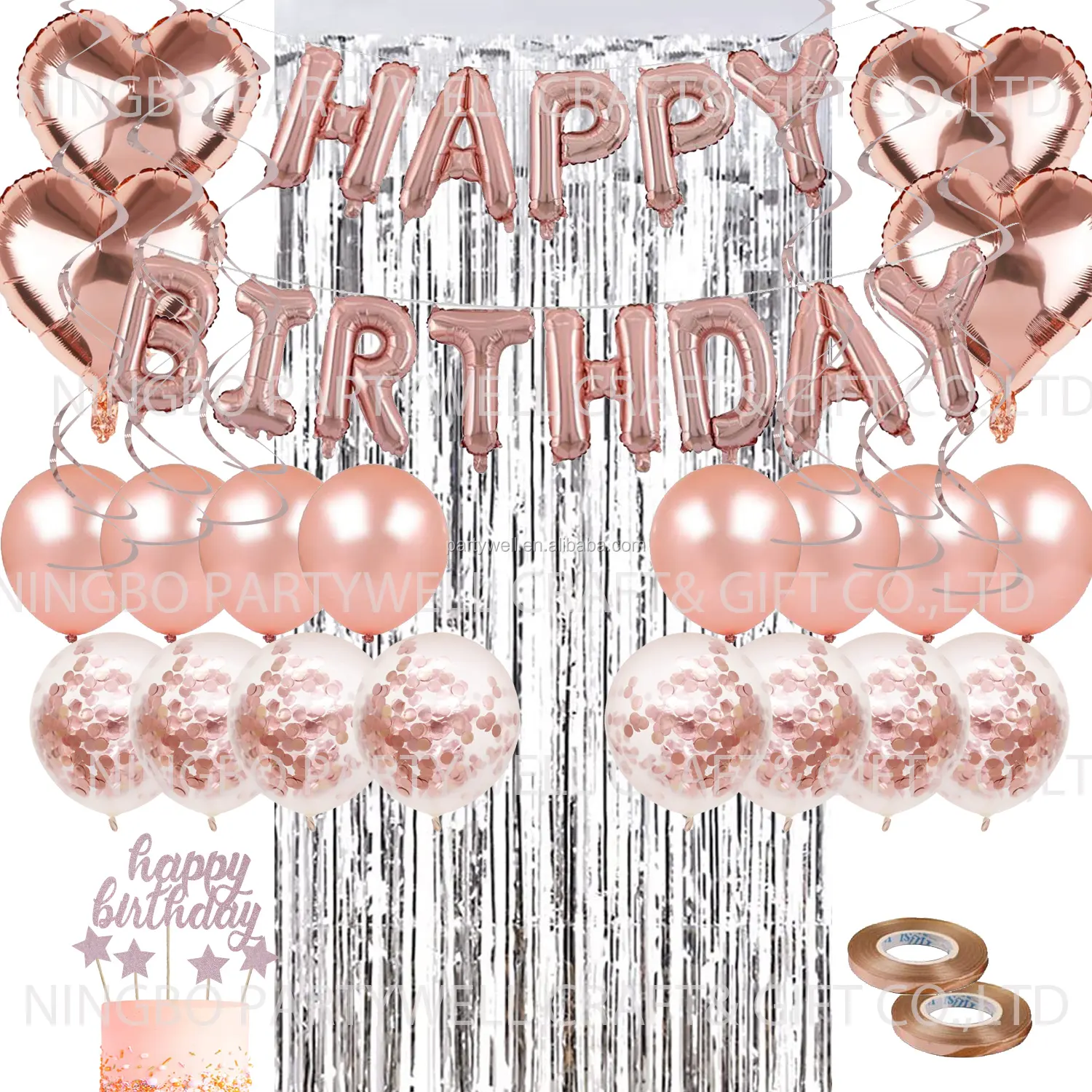 Rose Gold Happy Birthday Party Supplies with Foil Balloon, Silver Curtain,Cake Topper,swirl Set For Women Girls