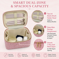 Trousse de Toilette Rose en Cuir PU Grain d'Autruche avec Poignée et Fermeture Éclair Dorée, Porte-Pinceaux pour Femme, Trousse de Voyage, Coffret Cadeau