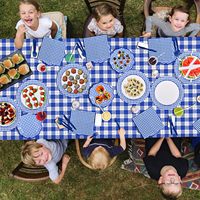 Articles de fête en gingham bleu et blanc, assiettes en papier jetables, serviettes, gobelets, nappe, bannière pour fête d'anniversaire, pique-nique, barbecue