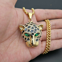 Bijoux à breloques animalières mode unisexe yeux rouges tête de léopard Hip Hop collier pendentif en acier inoxydable plaqué or 18 carats pour cadeau