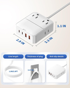 Cable de Extensión con Enchufe Plano VPSUN, Regleta de Alimentación con 4 Tomas de CA y 4 Puertos USB, Cable de 1.8m, 240V/110V - Product Image 2