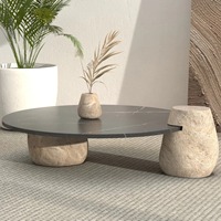 Table basse de salon design 2025, table d'appoint, table à thé, style nordique moderne, luxe, base ronde en pierre, table basse en marbre