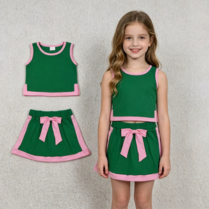 Summer New Casual Kids Girls <b>Clothes</b> Set Green Sleeveless Tank Top and Skort Pink Trim 2-piece Outfit with Bow - Product Image 1