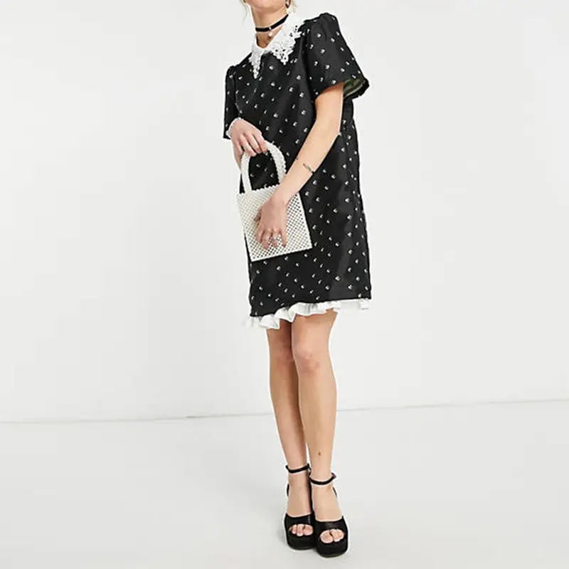 New Cute Women's Lace Collar Ditsy Floral Jacquard Black Mini Dress