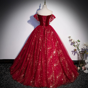 Burgundy Ball Gown Off The Shoulder Sweetheart Neckline Sequins Vintage Wedding Dress Women's Evening Gown Claret Color - Product Image 4