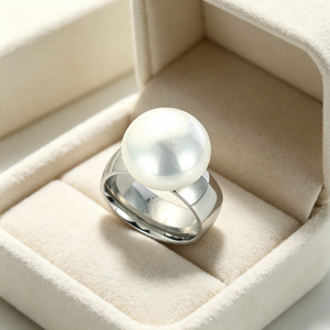 Bague large en acier inoxydable de haute qualité pour femmes, avec une seule fausse perle, pour un anniversaire, un cadeau de fête, bijoux - Product Image 3