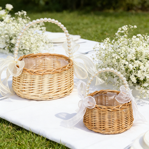 Cesto di Fiori in Vimini Intrecciato a Mano con Manico Elegante in Perle, Design Staccabile, Tendenza 2026, per Decorazioni Floreali da Matrimonio - Product Image 2