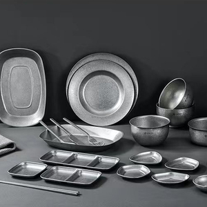 Reutilizável <span class=keywords><strong>Camping</strong></span> Aço Inoxidável Dinnerware <span class=keywords><strong>Set</strong></span> Placa De Comida E Tigela De Alimentação Servindo Jantar Pratos Copos De Metal - Product Image 1