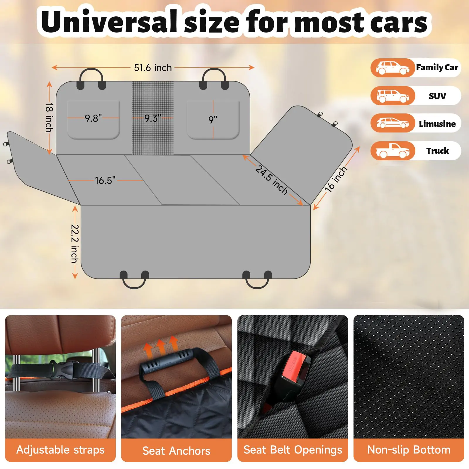 Seat Extender with Mesh Window Dog Backseat Cover for Cars Stock Waterproof Hard Bottom Hammock for Car Travel