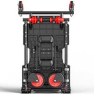 Carrito de mano plegable con cuatro ruedas, plataforma de plástico roja y negra para compras, estructura de acero. - Product Image 2