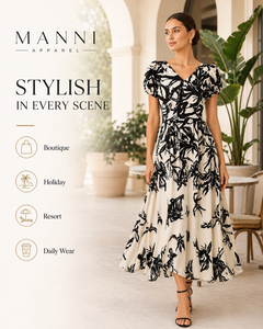 Fabricante de Vestidos Personalizados, Ropa a Medida, Vestidos Midi de Mujer <span class=keywords><strong>con</strong></span> Mangas Abullonadas, Estampado Floral <span class=keywords><strong>Beige</strong></span> y Negro, Cintura Alta - Product Image 4