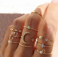 Conjunto de Anéis de Ouro com Corrente, Joia Boêmia para Mulheres, Anéis de Cobra, Lua, Moeda, Festa, Tendência, Presente, Moda