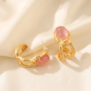 Pendientes de Aro Estilo Punk Chapados en Oro de 18K, Forma Ovalada, Engaste de Garra de Ojo de Gato, Latón Sólido con Textura Martillada, Joyería para Fiesta - Product Image 4