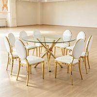 Table à manger ronde en verre transparent de luxe avec pieds croisés en acier inoxydable chromé pour mariage, banquet, salon
