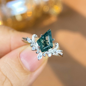 Anelli da Donna in <span class=keywords><strong>Argento</strong></span> Sterling 925 Originale con Agata Muschiata Naturale Incastonata a Griffe, Design a <span class=keywords><strong>Cuore</strong></span>, Placcati in Rodio - Product Image 1