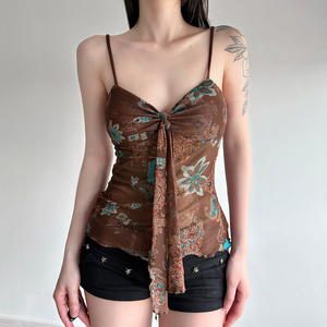 Women Retro Abstract Print Mesh Camisole <b>Tie</b> Up Sleeveless Tank Top Y2K Vintage Summer Ladies Cami - Product Image 6