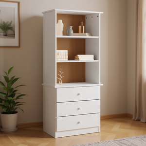White Tall <b>Bookcase</b> With 3 Shelves And 3 Drawers Modern Design Living Room Furniture Pine <b>Wood</b> Construction Freestanding - Product Image 2