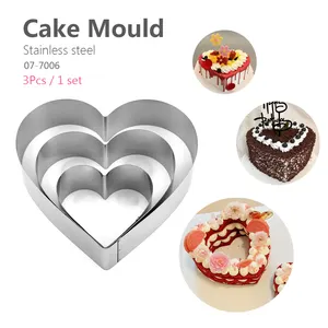 Kitchen suppliers 3 pcs 3d 4 6 8 inch diy pastry mousse fondant stainless steel baking heart shape cake mould