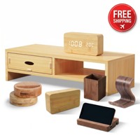 Moderne bureau-accessoireset van natuurlijk hout - monitorverhoger met digitale wekker en bamboe telefoonhouder organizer