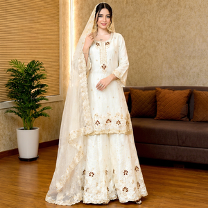 Conjunto de Salwar Kameez Kurta Palazzo de Georgette Blanco Bordado para Mujer, Marca QUNOOT CLOSET, Ropa de Fiesta India y Pakistaní - Product Image 1