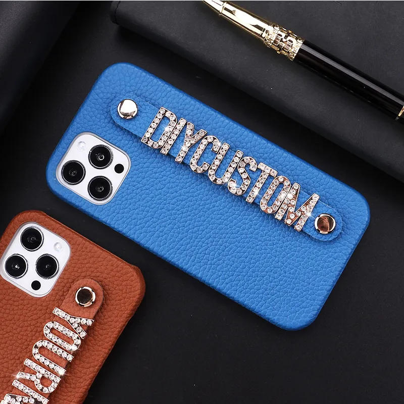 Custom With Diamond Letter Name Strap Luxury Real Leather Phone Case With Strap For iPhone 11 12 13 14 Pro Max Mini XS XR SE 7 8