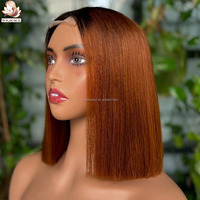 Wig Bob Cokelat Ginger 2x6 HD Lace Closure Rambut Asli Tanpa Lem Warna Cokelat Tembaga Potongan Blunt 12 Inch 180 Density Pre-Plucked Grosir