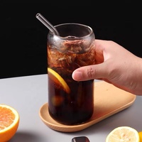 Verre en borosilicate en forme de canette de 550 ml (18 oz) avec couvercle en bambou et paille, verre à bière en forme de canette, gobelet en verre en forme de canette