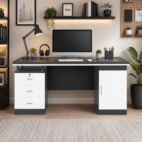 Grand bureau avec tiroirs et armoire de rangement, poste de travail informatique moderne avec passe-câbles pour bureau à domicile