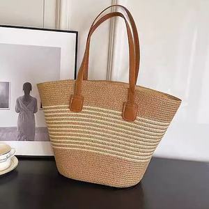 <span class=keywords><strong>Sac</strong></span> de plage en paille à rayures kaki pour femmes, mode en gros, avec bandoulière en cuir, sacs à main - Product Image 4