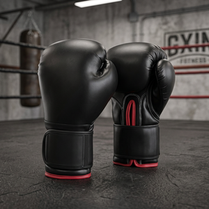 Gants de boxe noirs avec accents rouges, fermeture Velcro, sangle de poignet réglable pour l'entraînement - Product Image 1