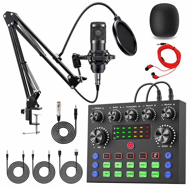 Maxfree V8S Live Sound Card Bundle Microphone Set with Bassoon for Podcast & Music Recording-Aluminum Alloy