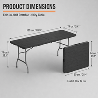 Table pliante en plastique moulé par soufflage LuckyOCT de 6 pieds, grain de bois noir, HDPE, pliable en deux, pour fêtes et événements
