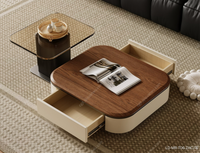Table basse moderne minimaliste avec grain de noyer et verre trempé, design élégant, écologique et durable pour le salon