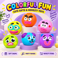 Vente en gros de balles en PU moelleuses, colorées, avec des visages amusants de dessins animés, jouets anti-stress à presser, 6 designs assortis, boîte de présentation de 12 pièces
