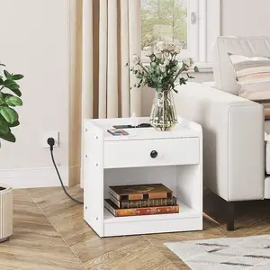 Hoobro - Mesa de cabeceira com gaveta, mesa de cabeceira branca com estação de carregamento, portas USB e mesa lateral com tomada para o quarto e sala de estar