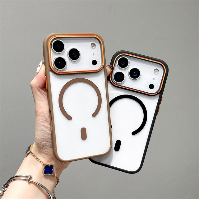 Contrasting Color Camera Frame Phone Case Shockproof Metal Button Magnetic PC Phone Case for IPhones 15 16 17 Pro Max